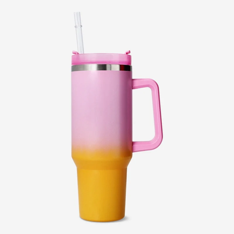 Multi coloured tumbler with lid and straw