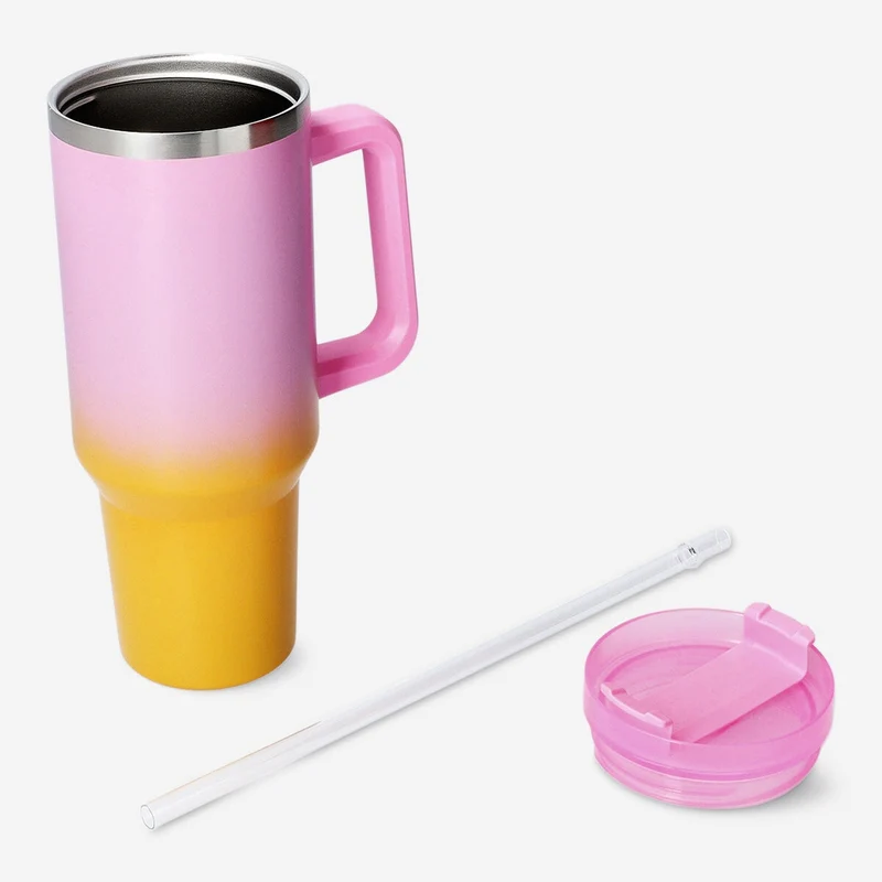 Multi coloured tumbler with lid and straw
