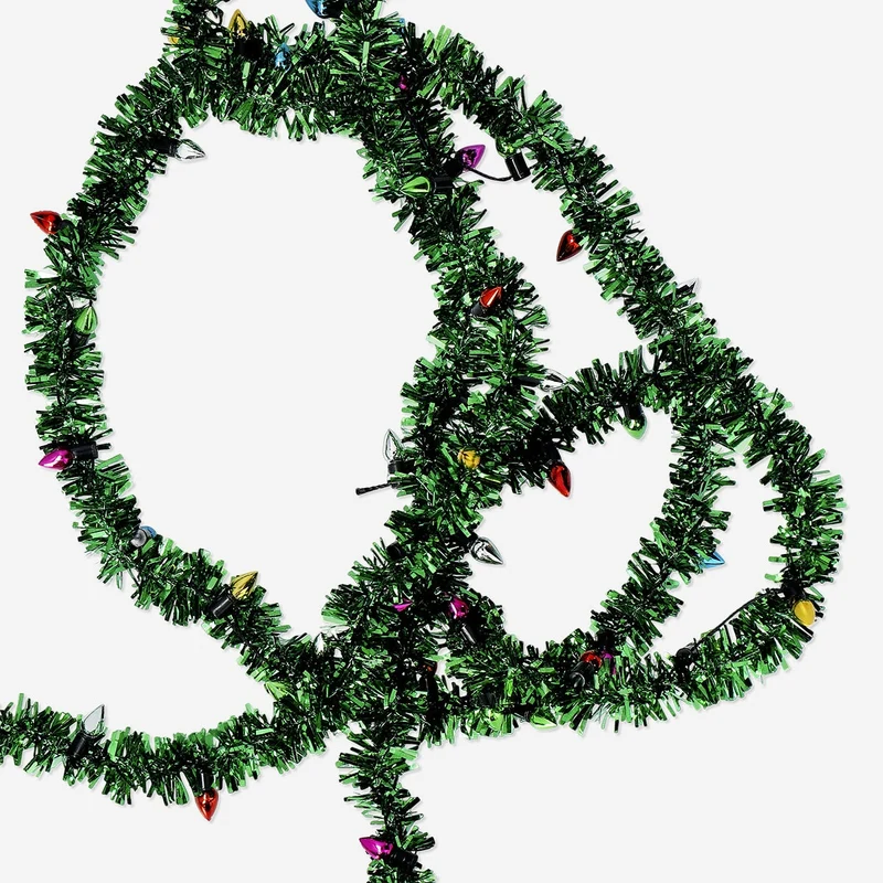 Green tinsel ribbon with baubles - 2 m