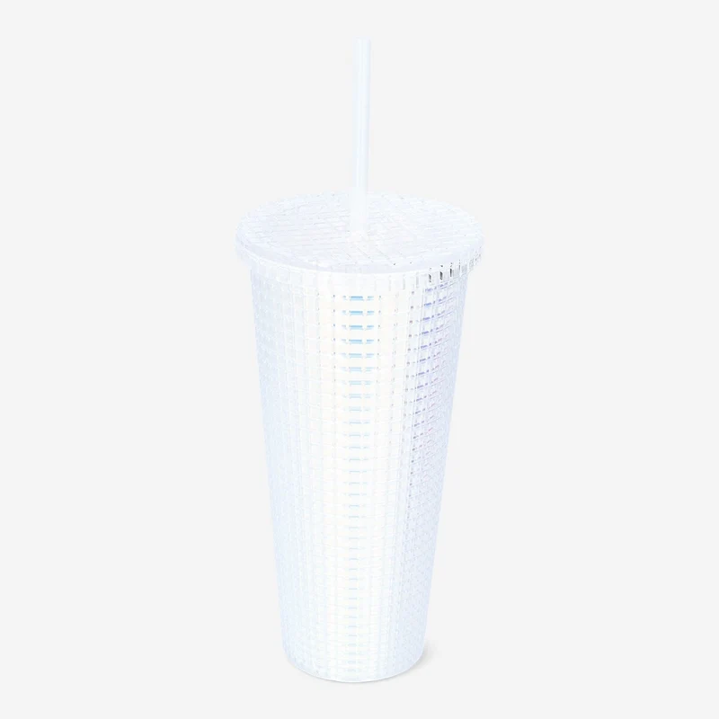 Iridescent cup with lid and straw