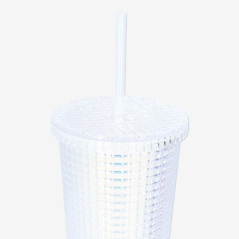 Iridescent cup with lid and straw