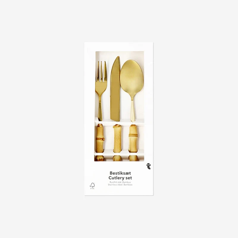 Gold cutlery set with bamboo handles - 3 pcs