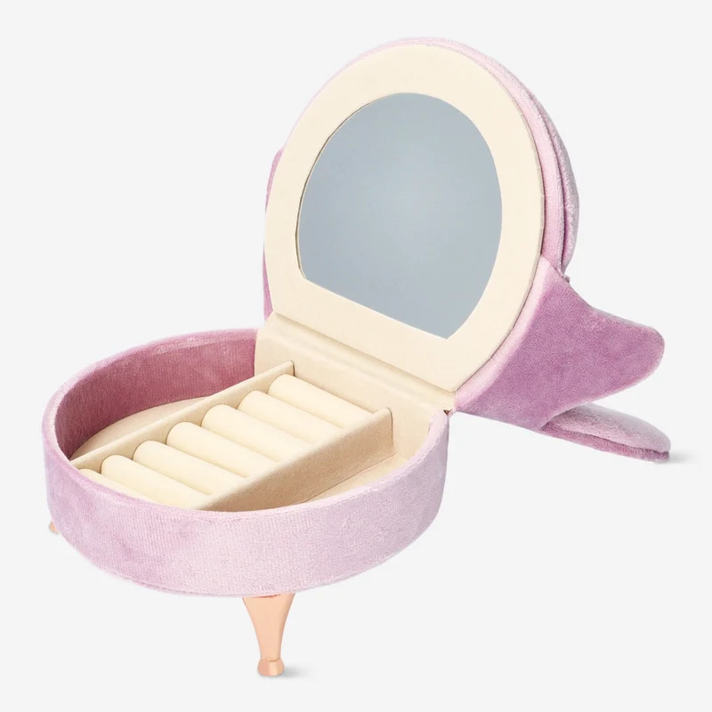 Heart chair velvet jewellery box - pink with inbuilt mirror