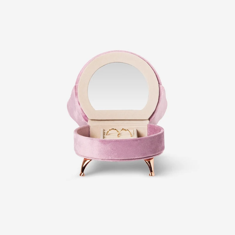 Heart chair velvet jewellery box - pink with inbuilt mirror