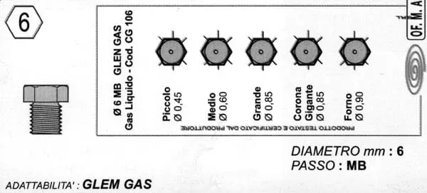Set 5 ugelli 6mb gas gpl piano cottura glem glass