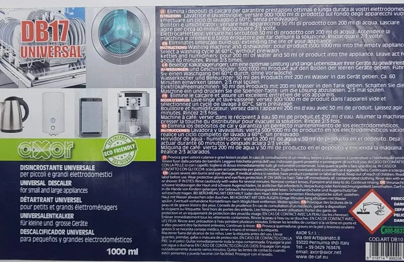 Disincrostante macchine da caffè professionali e boiler Axor db17, 1litro