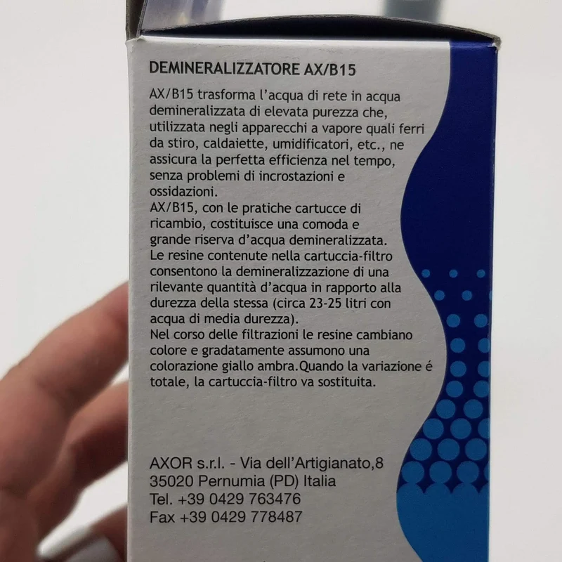 Filtro ricarica per caraffa demineralizzatore d’acqua per sistemi da stiro a vapore. AX/B15 Axor