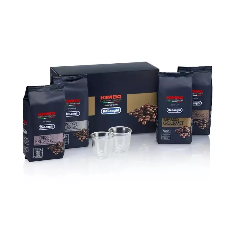 DeLonghi Kit di degustazione di caffè Kimbo 4 x 250 g, e due bicchieri di caffè Espresso DLSC316